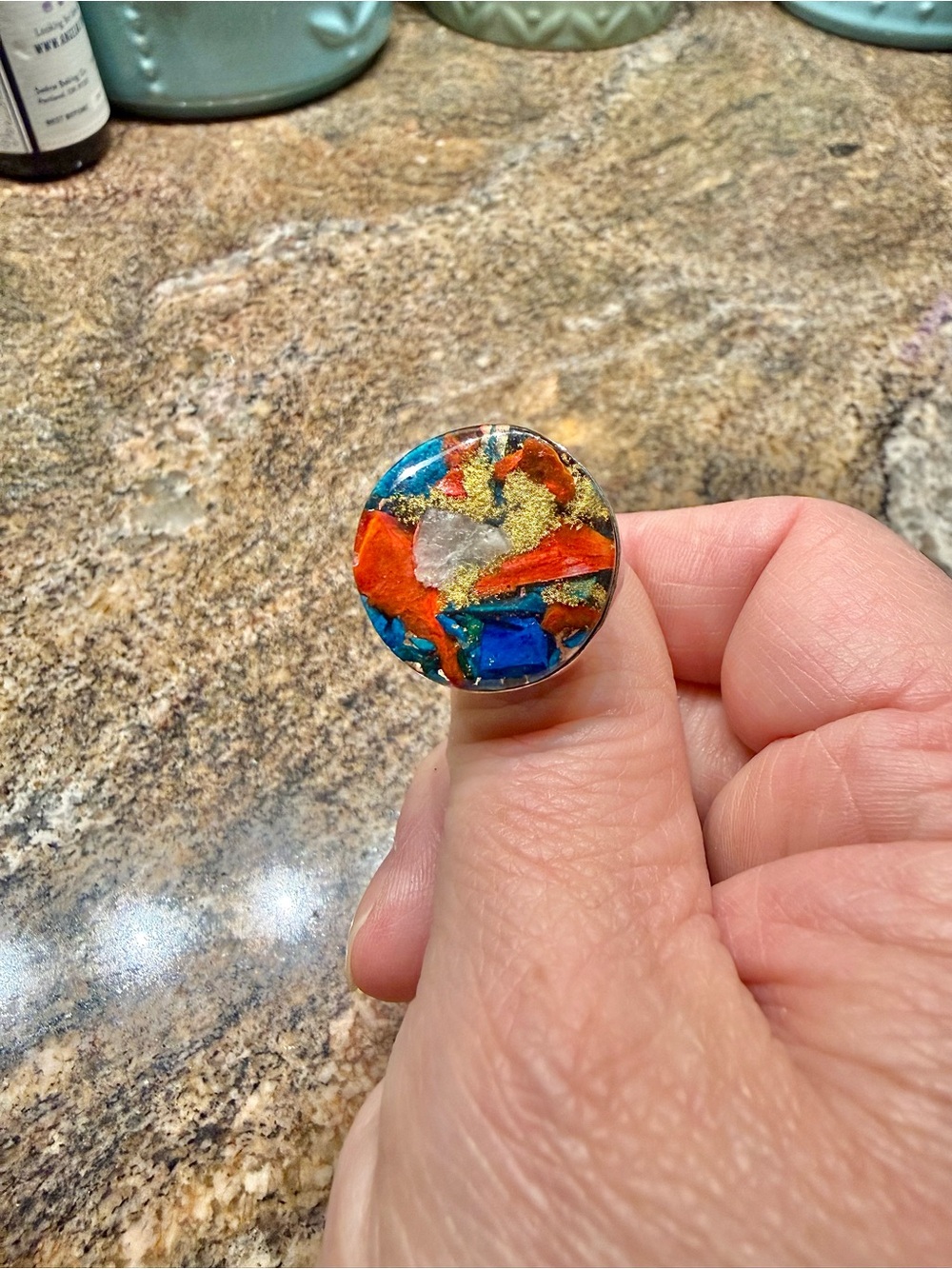 Spiny Oyster, Turquoise Eclectic Silver Artisan Ring, Size 8 (Red, Blue, Gold) - Picture 3 of 9